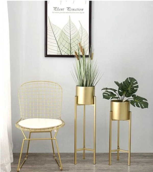 Modern Metal Floor Flower Stands With Planter Pot (Gold) Set of 3 - Free Size, Gold, Metal, Indoor/ Out Door, Pack of 3, Circular
